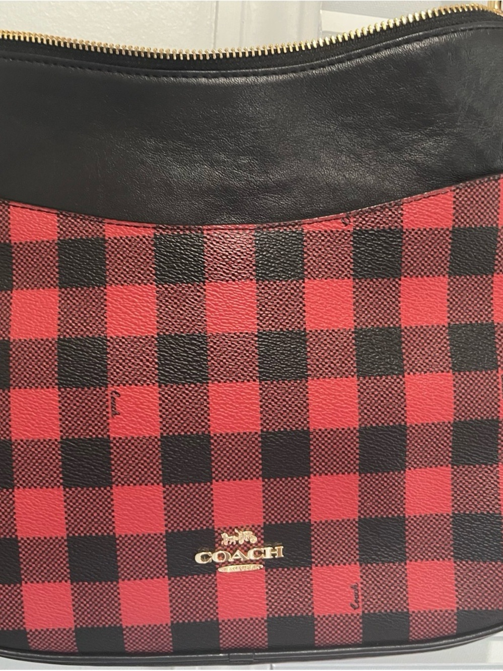 Coach Red and Black Buffalo Plaid Shoulder Bag with Gold Logo